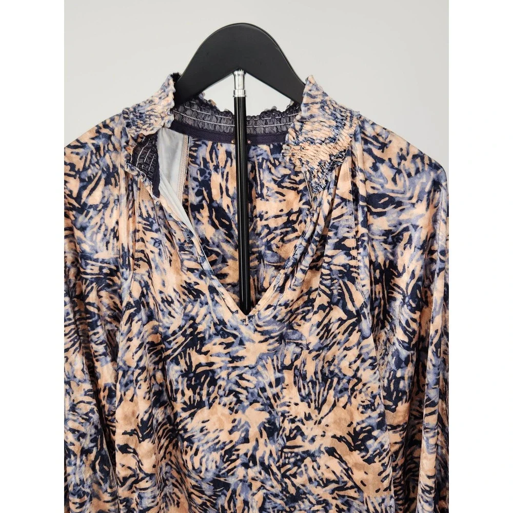 Free People Velvet Smocked V-Neck Balloon Sleeve Blouse Blue Tan XS